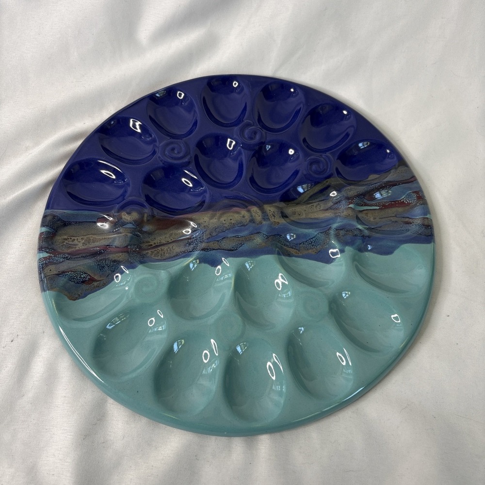 Clay In Motion Deviled Egg Dish Neher Studio Pottery Signed Mystic Water 12" NEW